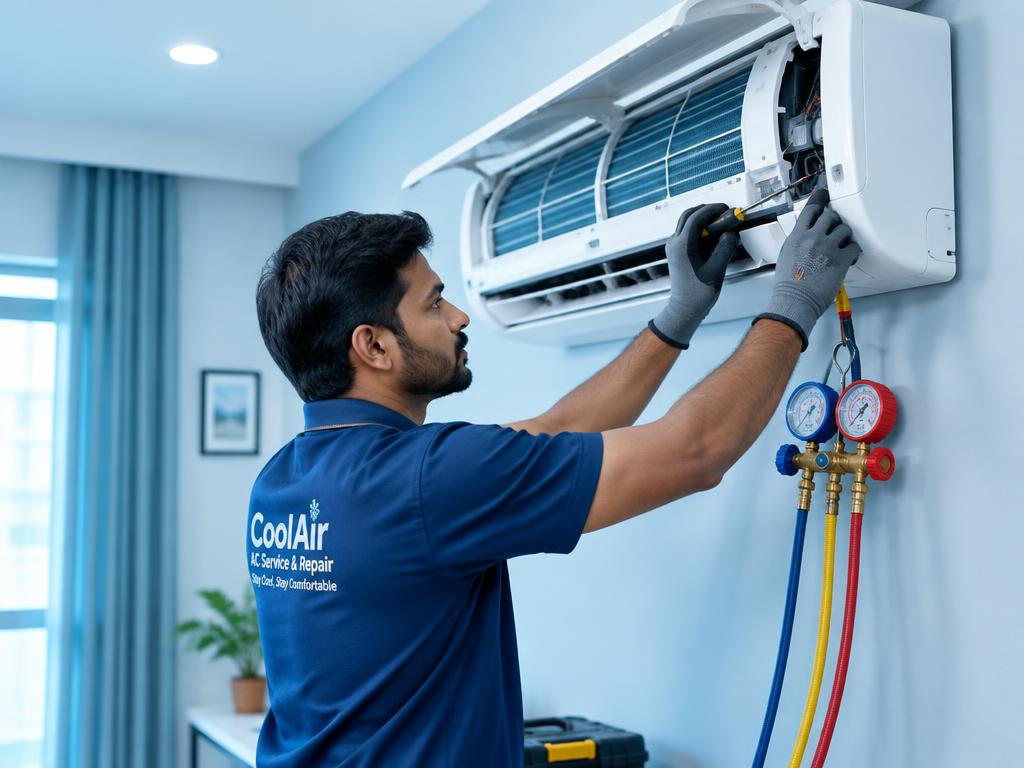 AC सर्विस करते हुए टेक्नीशियन